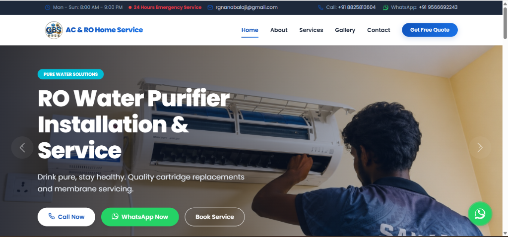 GBS AC and RO service booking website designed by FOUZ DIGITAL Pudukkottai